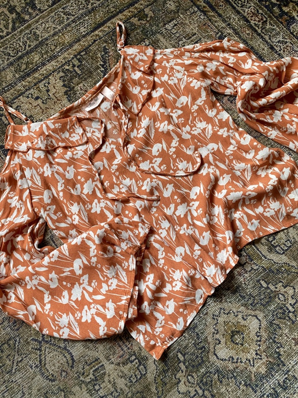 Rust Floral Cold-Shoulder Blouse - Unbranded